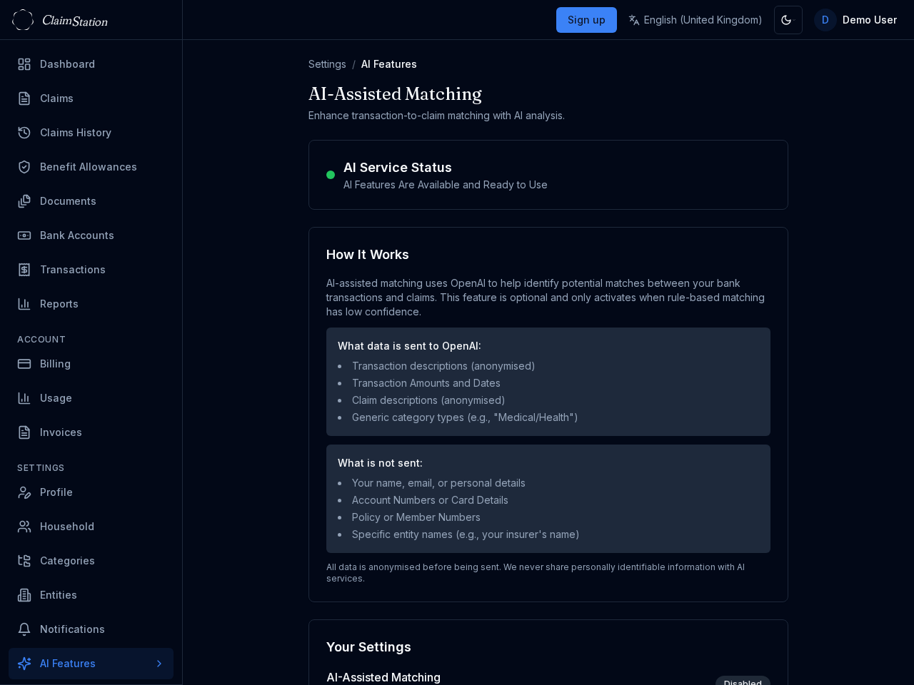 ClaimStation AI features settings